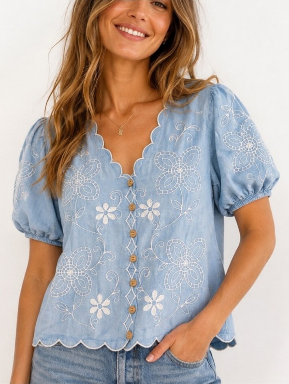Blu Pepper Light Blue Embroidered Scallop Button-Down Top